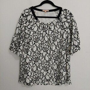 Gibson Latimer Black White Lace Embroidered Lined Flared Sleeves Blouse Top Sz L